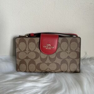 Coach Tech Phone Wallet Signature Canvas Red Leather Wristlet C2874
